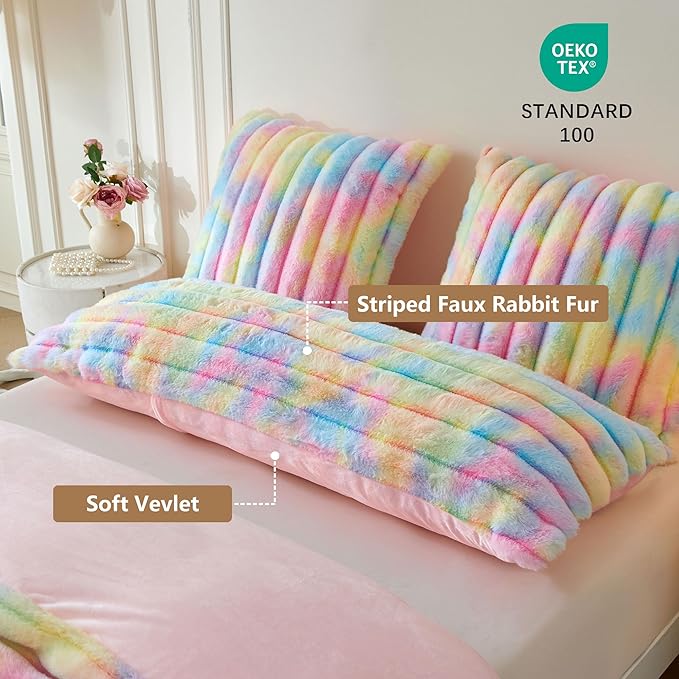 MEGO Faux Rabbit Fur Body Pillow Cover 20x54, Soft Fluffy Plush Fuzzy Striped Tie Dye Bed Pillowcase, Cozy Furry Zippered Long Bolster Pillow Case for Bedroom Pregnant Women Side Sleeper, Rainbow