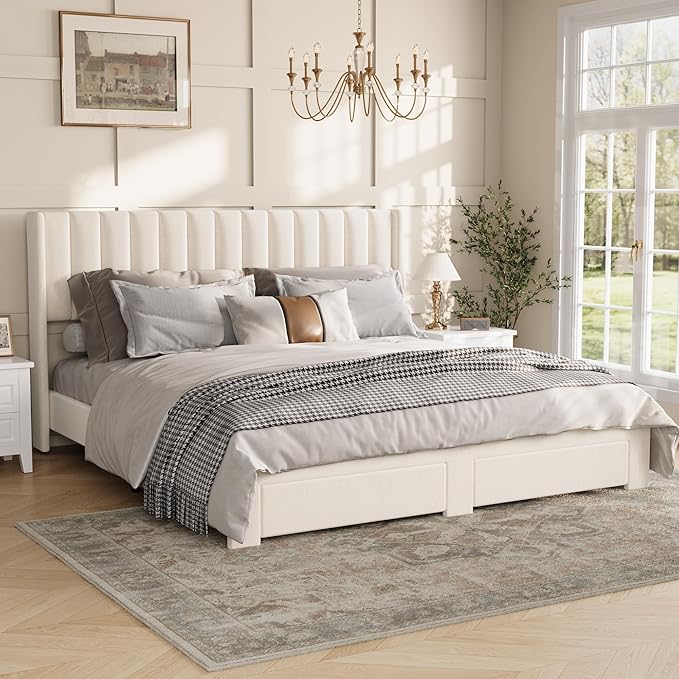 Garvee King Size Bed Frame, Velvet Upholstered Bed Frame with Wingback Headboard, 2 Storage Drawers, No Box Spring Needed, White