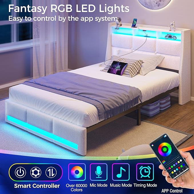 Rolanstar Twin Size Bed Frame with LED Lights and Charging Station, Upholstered Bed Storage Headboard & Drawers, Heavy Duty Wood Slats, Easy Assembly, White