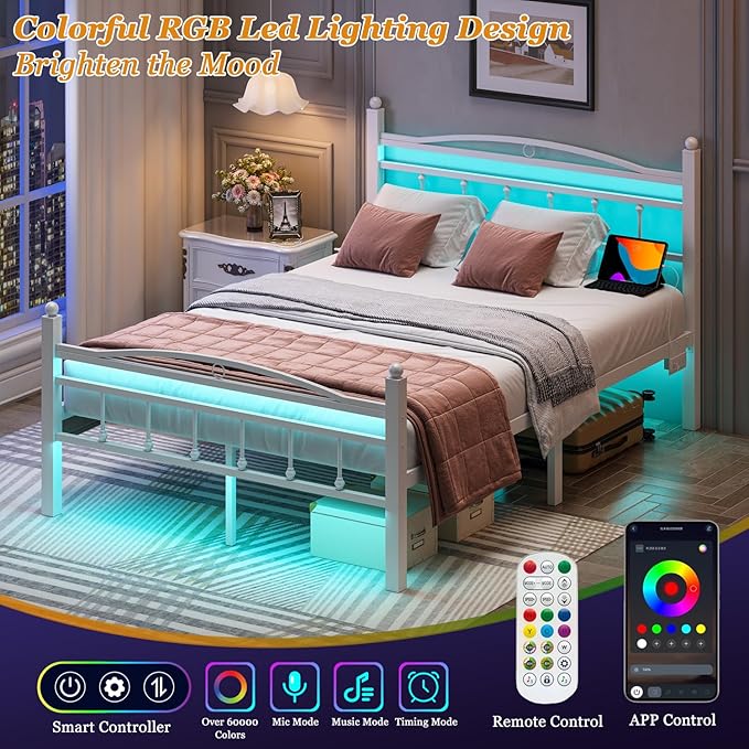 Jenmit Full Size Bed Frame with Headboard, Metal Platform Bed Frame with Charging Station & LED Lights, Storage Space Under Bed, No Box Spring Needed, Noise Free, Easy Assembly, White