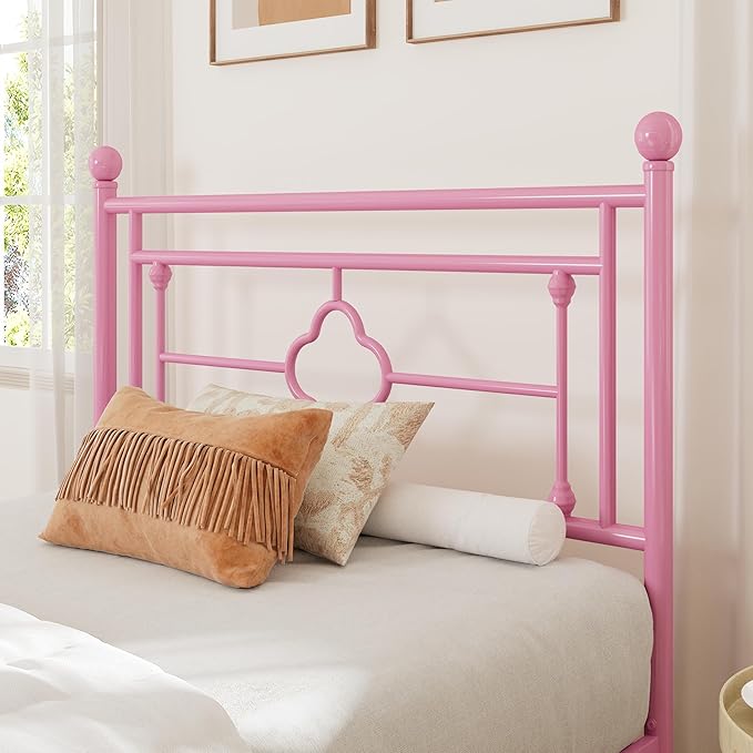 Allewie Twin Size Metal Platform Bed Frame with Victorian Vintage Headboard and Footboard/Mattress Foundation/Under Bed Storage/No Box Spring Needed/Noise-Free/Easy Assembly, Pink