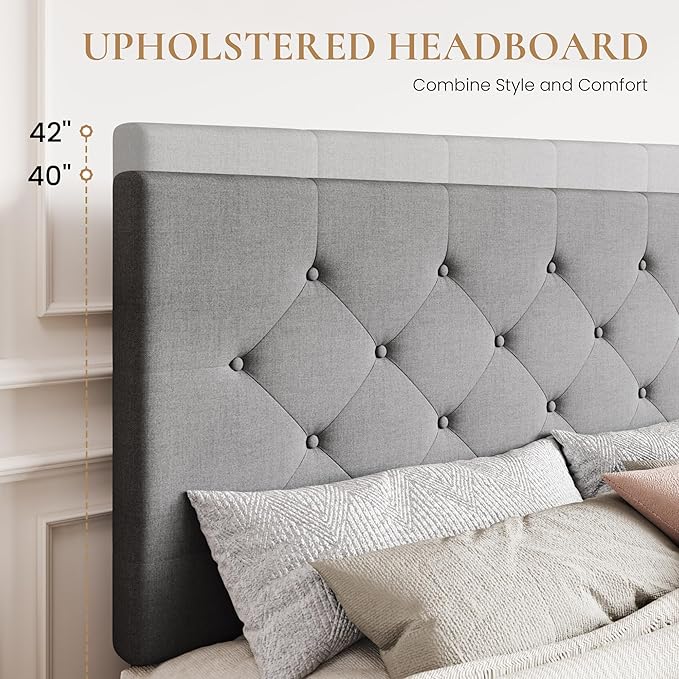 SHA CERLIN Upholstered King Size Platform Bed Frame with 4 Storage Drawers, Adjustable Headboard with Diamond Stitched Button Tufted Design, Wooden Slat Support, No Box Spring Needed, Light Grey