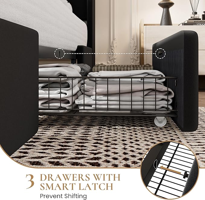 SHA CERLIN Queen Bed Frame with 3 Drawers, USB & Type-C Charging Ports, Velvet Upholstered Platform Bed with Modern Geometric Wingback Storage Headboard, No Box Spring Needed, Easy Assembly, Black