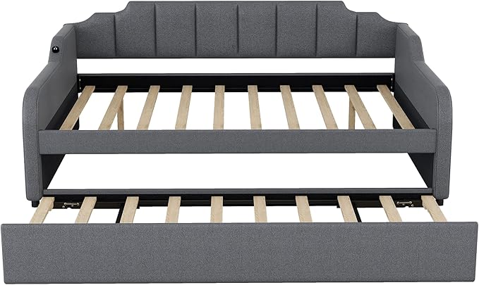 Daybed with Trundle and USB Charging Design, Full Size Upholstery Day Bed Frame, Trundle can be Flat or erected,Grey