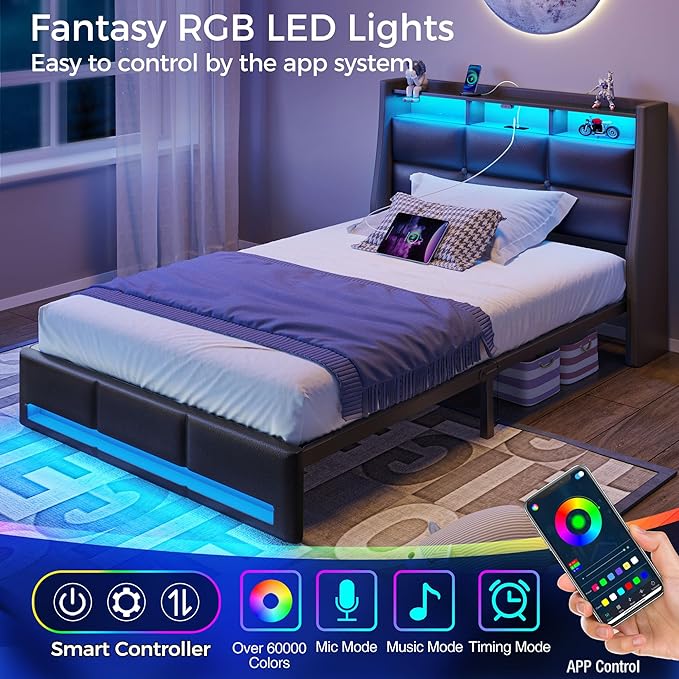 Rolanstar Twin Size Bed Frame with LED Lights and Charging Station, Upholstered Headboard with 2-Tier Storage Shelves, Heavy Duty Metal Frame, Noise-Free Support, Easy Assembly, No Box Spring Needed