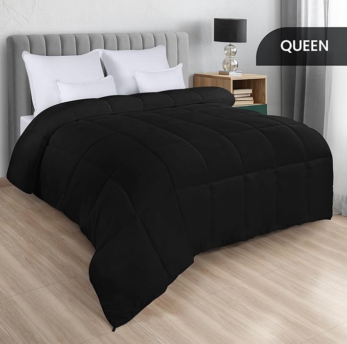 Utopia Bedding Comforters Queen Size, All Season Duvet Insert, Down Alternative Box Stitched Bed Comforter with Corner Tabs, Machine Washable (Black)