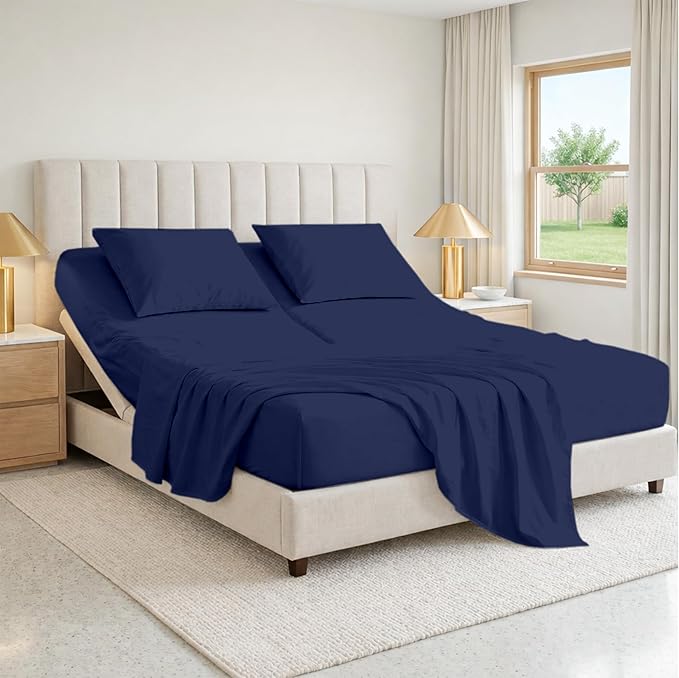 SGI bedding 32" Queen Split Top Flex Head Sheet 100% Egyptian Cotton 1000 Thread Count Flex Top Sheet for Adjustable Bed 4Pc Sheet Set 15" Deep Pocket for Sleep Number Bed - Navy Blue