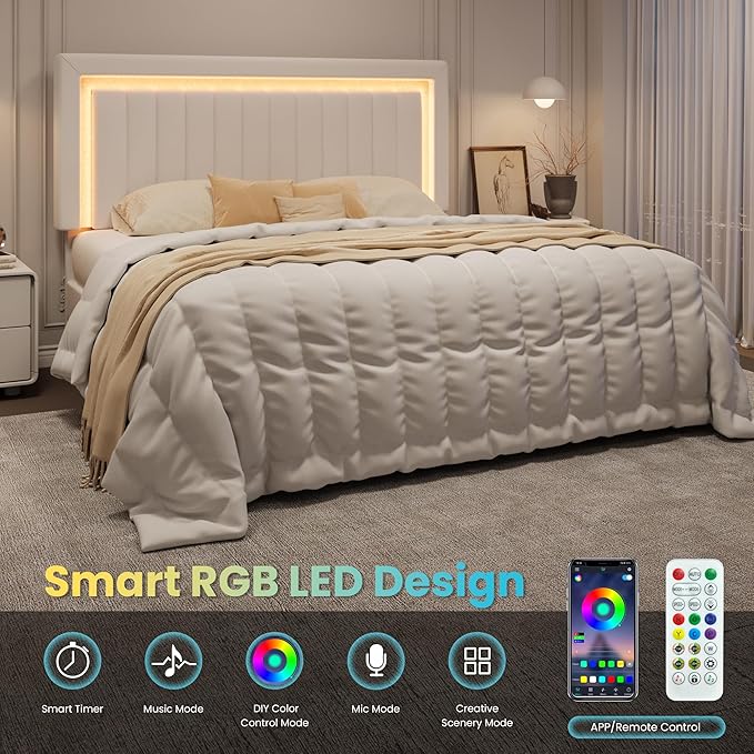 SHA CERLIN King Size Velvet Bed Frame with LED Light, Adjustable Vertical Channel Tufted Headboard, Strong Wooden Slats Support, Noise-Free, No Box Spring Needed, White