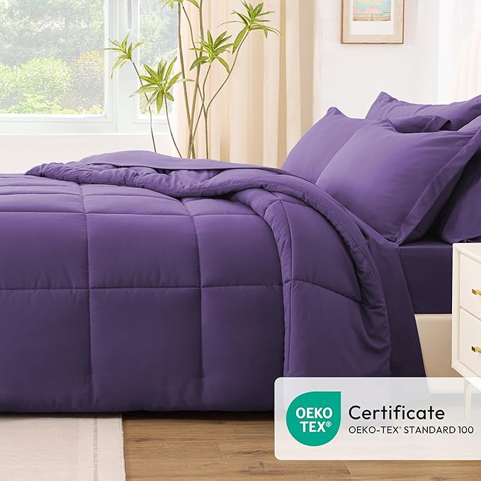 Love's cabin Queen Comforter Set Dark Purple, 7 Pieces Queen Bed in a Bag, All Season Bedding Sets with 1 Comforter, 1 Flat Sheet, 1 Fitted Sheet, 2 Pillowcase and 2 Pillow Sham | Soft, Breathable, Lightweight, Comfortable