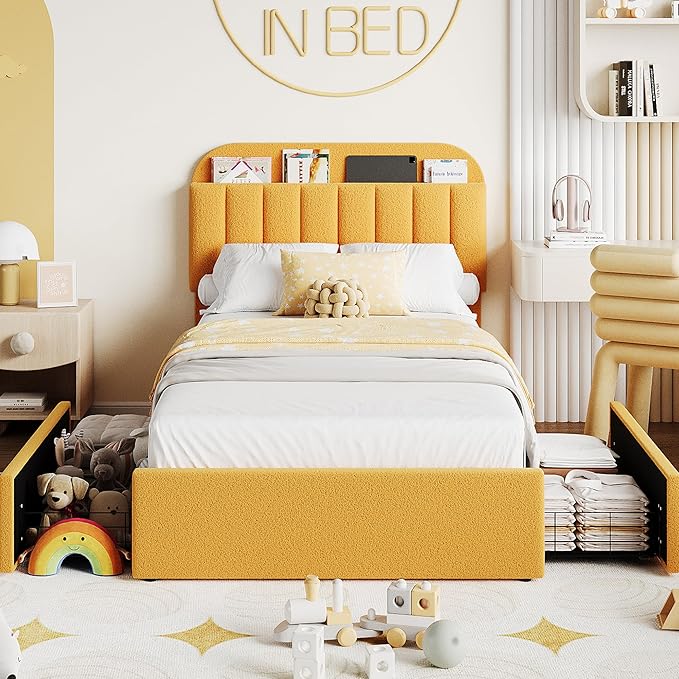 Garvee Twin Size Bed Frame with 2 Flexible Drawers, Boucle Upholstered Platform Bed Frame with Bookcase Headboard, Bedframe for Kids/Girls, Easy Assembly, No Box Spring Needed, Noise Free, Yellow