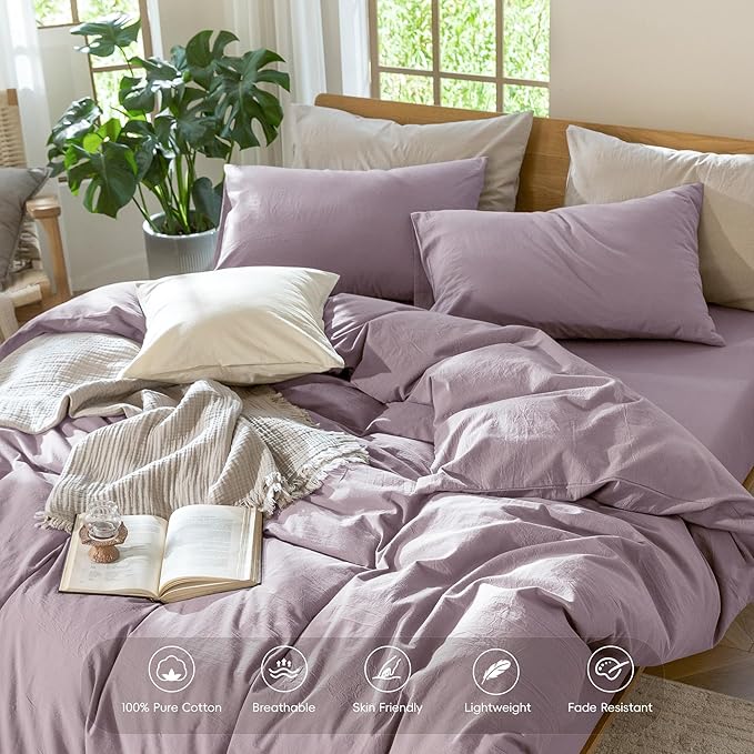 MooMee Bedding Duvet Cover Set 100% Washed Cotton Linen Like Textured Breathable Durable Soft Comfy (Solid Taro Purple, Cal King 104"x98")