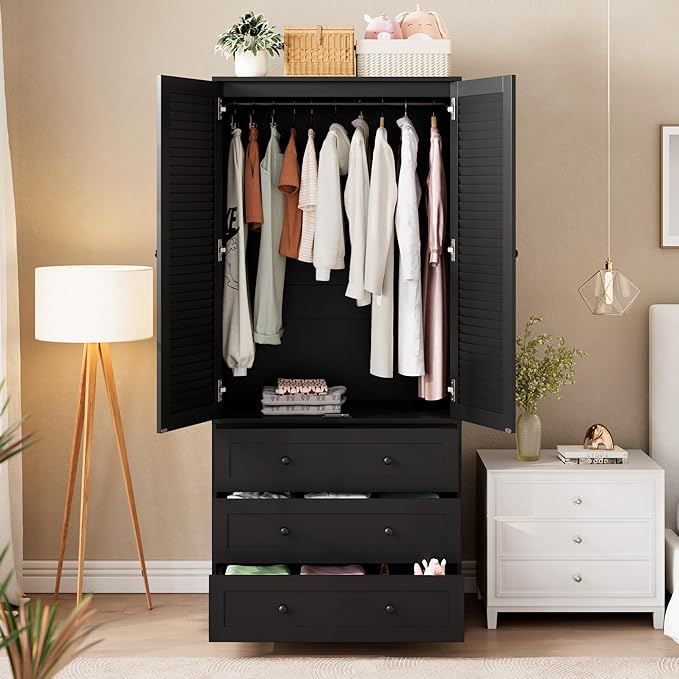 GarveeHome Armoire Wardrobe Closet with 3 Drawers, 69.5" Wooden Wardrobe Cabinet, Hanging Rod, 2 Doors Clothing Storage Cabinet for Bedroom, Large Capacity Storage, Louvered Door, Black
