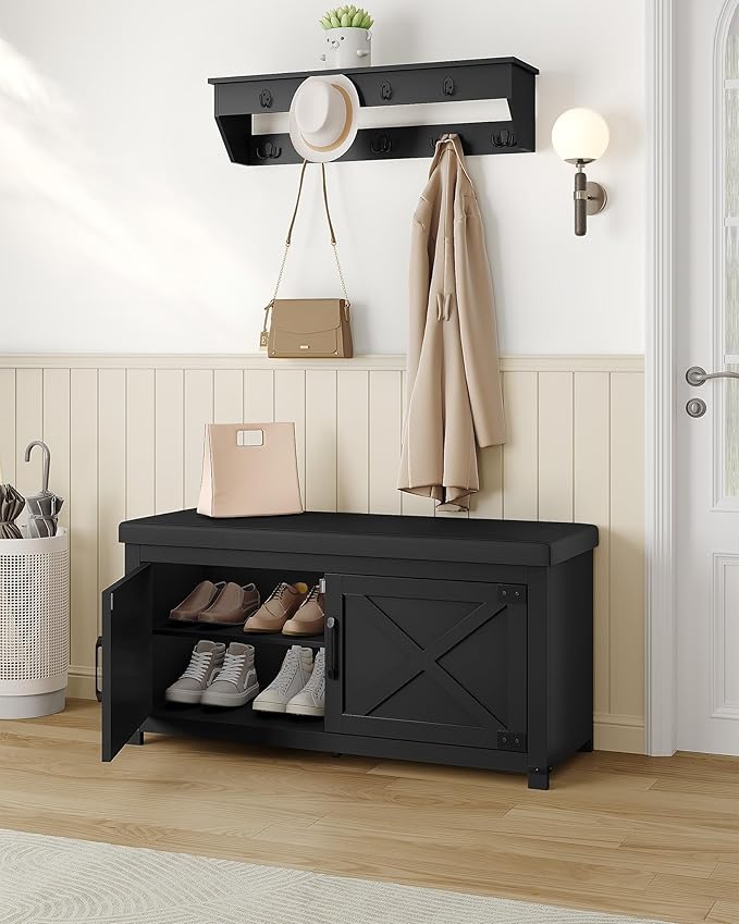 Hzuaneri Shoe Storage Bench, 2 Tier Shoe Bench with Padded Seat Cushion & 2 Barn Doors, Entryway Bench with Adjustable Shelf, Farmhouse Shoe Cabinet for Living Room, Bedroom, Black SB26606BK
