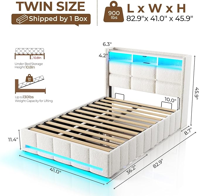 Rolanstar Bed Frame Twin Size with Lift Up Storage, Charging Station & LED Lights, Upholstered Storage Headboard, Heavy Duty Wooden Slats, No Box Spring Needed, Noise Free, Easy Assembly, Beige