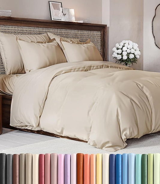 Duvet Cover Queen Size Set - Extra Soft Queen Duvet Cover 90" x 90" with 2 Pillow Shams - Hotel Luxury, Easy Care and Fade Free w/ Zipper Closures & Ties - All Season, Comfy, Cozy & Breathable (Wheat)