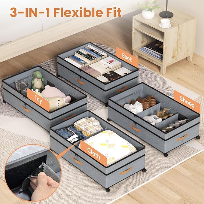 Storage Box,Under Bed Storage with Wheels 72L XXL Under the Bed Storage Containers Large, 10‘’ Tall Adjustable Storage for Underbed with Lids, Rolling for Shoes, Clothes, Blankets, Grey