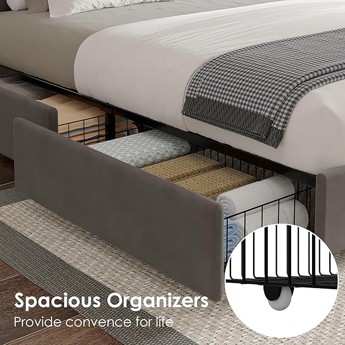 VECELO Queen Size Upholstered Bed Frame with 4 Storage Drawers, Adjustable Velvet Rivet Decor Headboard, Wooden Slats Platform Support, No Box Spring Needed, Easy Assembly,Dark Grey
