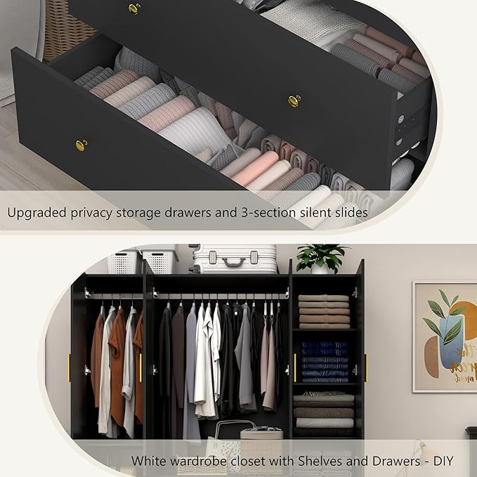 jiteentarou 4 Door Wardrobe Closet with Mirrors and LED Lights, Bedroom Armoire with Drawers and Shelves, Modern Wooden Armoire Wardrobe Closet with Hanging Rod for Bedroom, Black