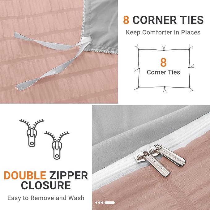 HYMOKEGE Rose Gold/Light Grey Duvet Cover Queen Size, Ultra Soft 3-Piece Seersucker Duvet Cover Set with Zipper Closure, Soft Brushed Microfiber Bedding Set with 8 Corner Ties (90"x90", 2 Pillowshams)