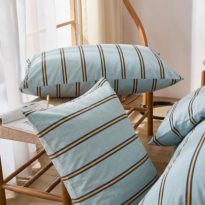 Merryword Queen Size Pillowcases, 100% Cotton Pillow Cases, Green and Orange Striped Pillowcases, Luxury Linen Like Pillowcase, Soft Breathable Wide Stripe Pillow Covers, Set of 2