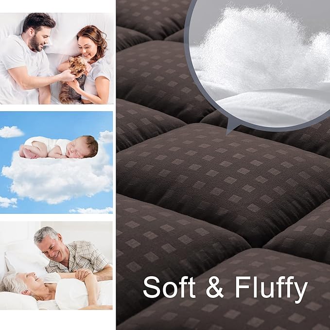 HYLEORY Queen Mattress Pad Quilted Fitted Mattress Protector Cooling Pillow Top Mattress Cover Breathable Fluffy Soft Mattress Topper with 8-21" Deep Pocket, Brown