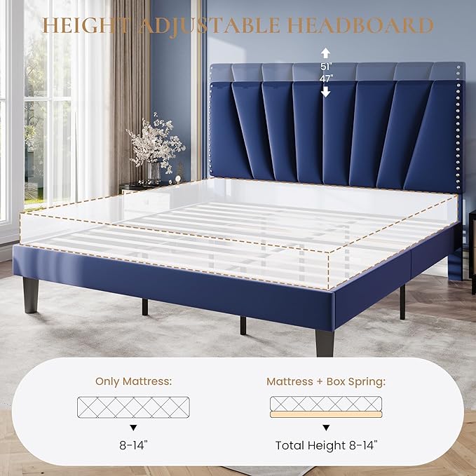 SHA CERLIN King Size Bed Frame with Adjustable Upholstered Velvet Rivets Headboard, Sturdy Wooden Slats, Strong Platform Support for Mattress, No Box Spring Needed, Easy Assembly, Blue