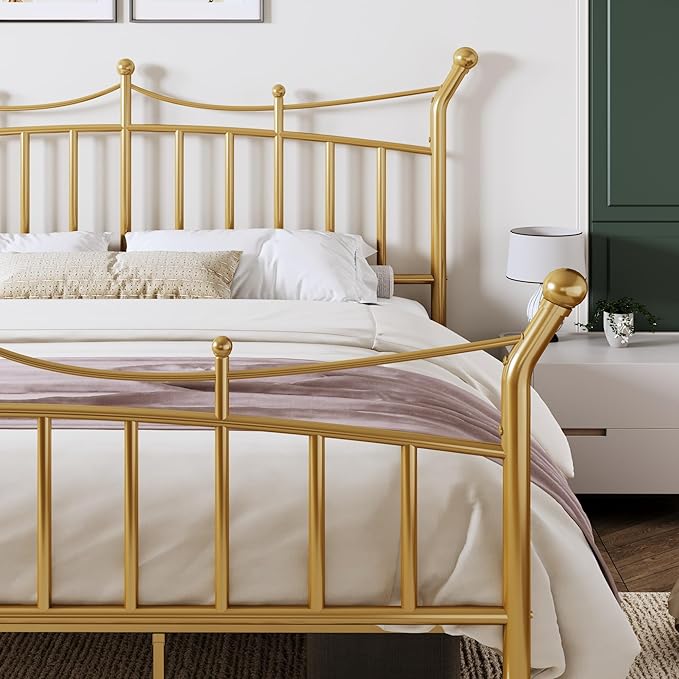Allewie 14 Inches King Size Metal Platform Bed Frame with Elegant Crown Iron-Art Headboard & Footboard, Sturdy Mattress Foundation with Under-Bed Storage, Easy Assembly, No Box Spring Needed, Gold