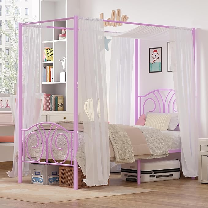 VECELO Metal Canopy Bed Frame Twin Size, 4 Posters Platform Mattress Foundation with Headboard, Heavy Duty Steel Slats Support, No Box Spring Needed, Purple