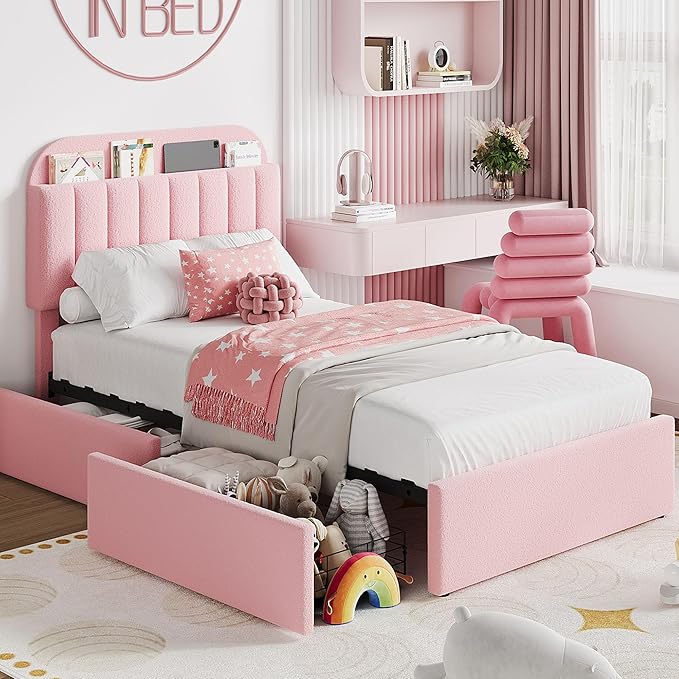 Garvee Twin Size Bed Frame with 2 Flexible Drawers, Boucle Upholstered Platform Bed Frame with Bookcase Headboard, Bedframe for Kids/Girls, Easy Assembly, No Box Spring Needed, Noise Free, Pink