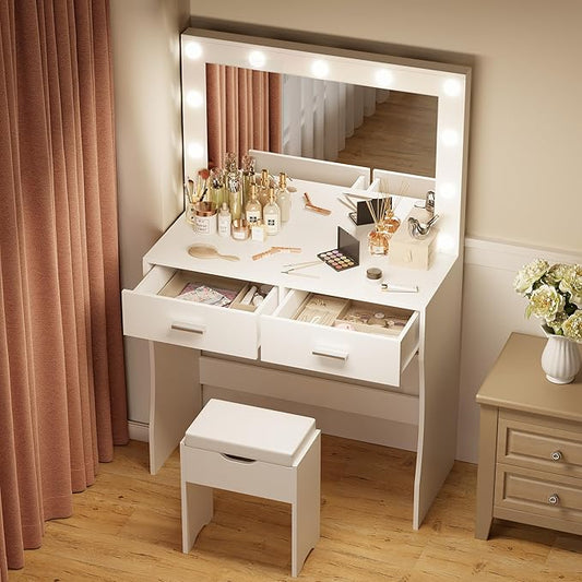 YESHOMY Vanity Desk with Mirror, Makeup Table with 11 Adjustable Lights and 2 Spacious Drawers, Soft-Padded Storage Stool, 3 Lighting Modes with Control, for Bedroom, Snow White