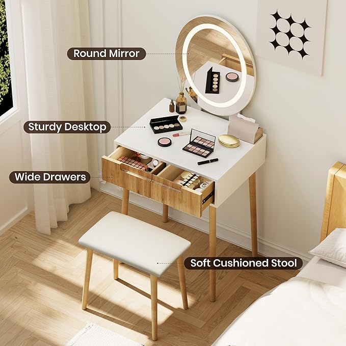 Pamapic Small Makeup Vanity Desk with Mirror and Lights, Girls Vanity with Cushioned Stool, 3 Lighting Modes Dressing Table, Compact Make Up Table with Drawers Bedroom, Natural Oak
