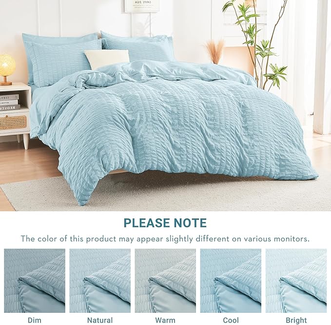 HYMOKEGE Lake Blue California King Comforter Set Seersucker 7 Pieces, All Season Luxury Bed in a Bag for Bedroom, Bedding Set with Comforters, Sheets, Pillowcases & Shams