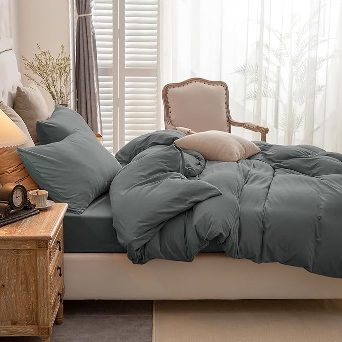 PURE ERA Jersey Knit Duvet Cover Set 100% T-Shirt Cotton Super Soft Comfy 3pc Bedding Set with Zipper Closure (Solid Dark Greenish Gray, King)