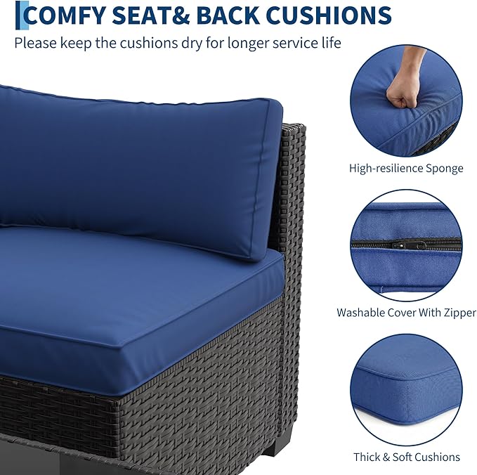 7-Piece Outdoor Patio Furniture Set, Modular Sectional Sofa with Water-Resistant Washable Thick Cushions & Coffee Table, Rattan & Wicker Conversation Set, Brown Frame (Black Wicker & Blue Cushions)