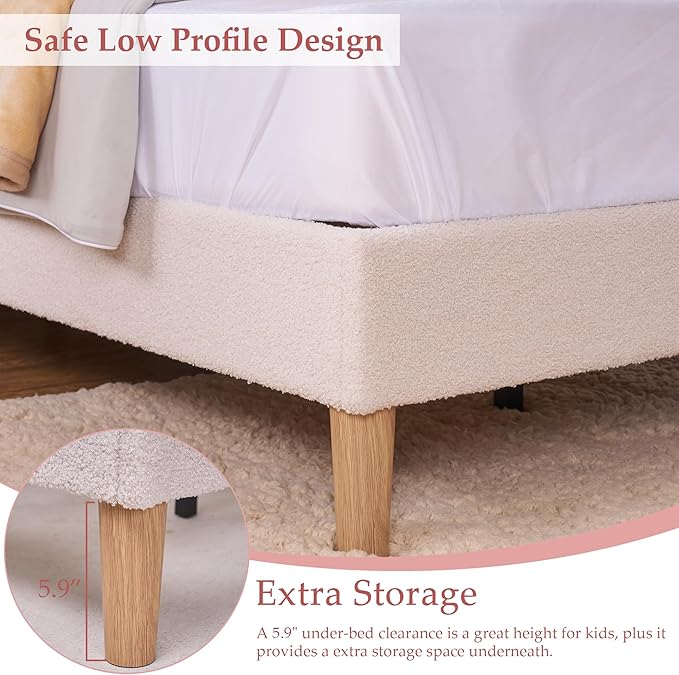 VECELO Twin Size Bed Frame, Upholstered Platform Bedframe with Height Adjustable Plush Fabric Headboard, No Box Spring Needed, Beige