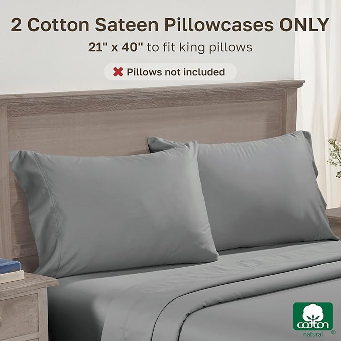 California Design Den Luxuriously Soft Premium 600 Thread Count, 100% Cotton Set of 2 Cases, Crisp Pillow Cases King Size Set of 2, Fits King Pillows (Mist Grey)