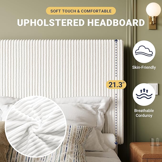 Allewie Full Bed Frame, Upholstered Platform Bed, Adjustable Vertical Channel Tufted Headboard, Corduroy Fabric, Modern Low Profile, Wooden Slats, No Box Spring Needed, Easy Assembly, White