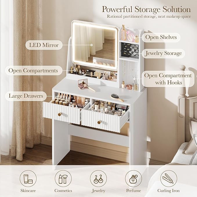 Memobarco Fluted Vanity Desk with Mirror and Lights, Small Makeup Vanity with 2 Drawers and Jewelry Storage Cabinet, 3 Lighting Modes Adjustable Brightness, Dressing Table for Bedroom - White