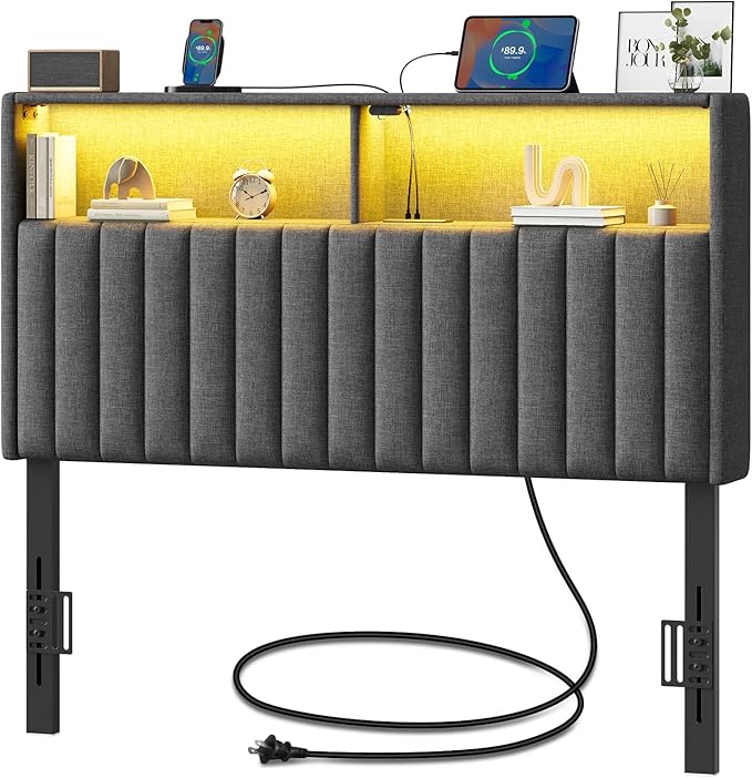 Rolanstar Headboard for Twin Size Bed with Storage, Head Board with USB & Type C Port, 60,000 DIY Color of LED Light, Velvet Upholstered, Height Adjustable, Sturdy, Easy Assembly, Grey
