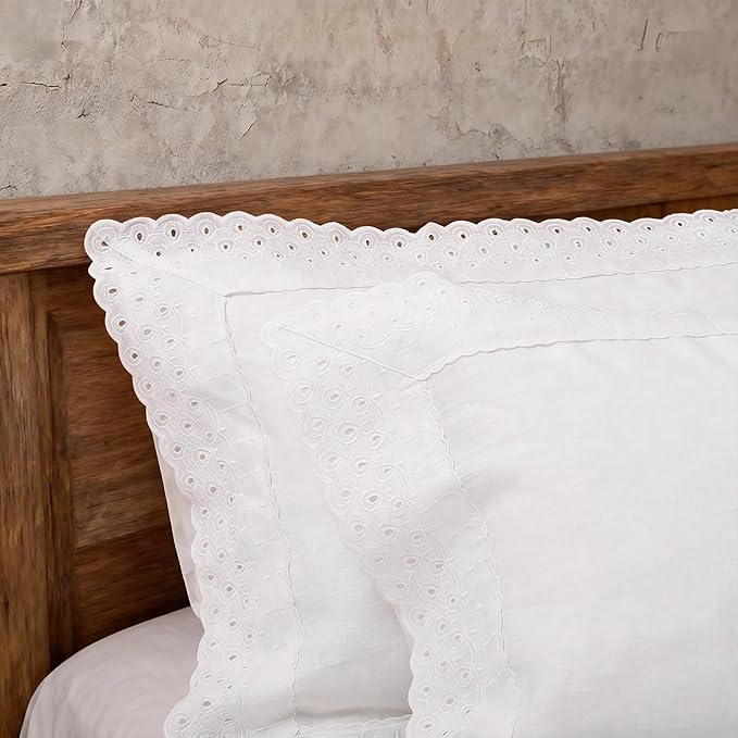 CHUFFED 100% French Linen Pillowcases with Embroidery Lace,French Vintage Style Stone Washed Breathable Pillow Covers Standard Size Set of 2 with Envelope Closure for Decor,20x26 inches, White