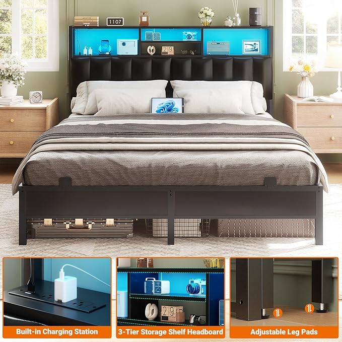 Aheaplus Headboard for Full Size Bed with Storage, Upholstered Headboards with Outlets, USB Ports and LED Light, Reversible Full Size Head Board, Height Adjustable, Comfortable Headboard, Black