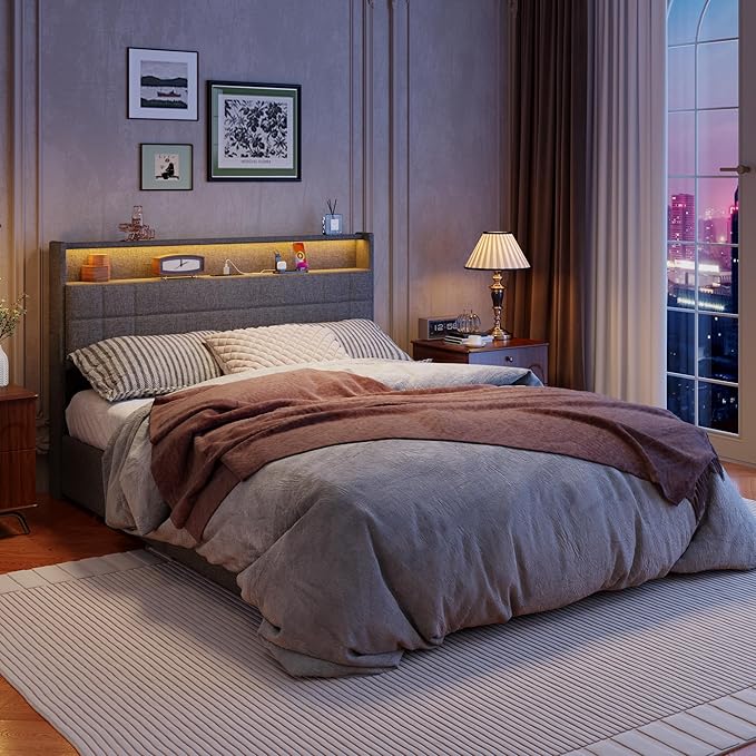 Forestell Queen Bed Frame with 4 Drawers and Storage Headboard, Grey Upholstered Platform Bed Frame Queen Size with Charging Station and LED Lights, Metal Slats Support, No Box Spring Needed