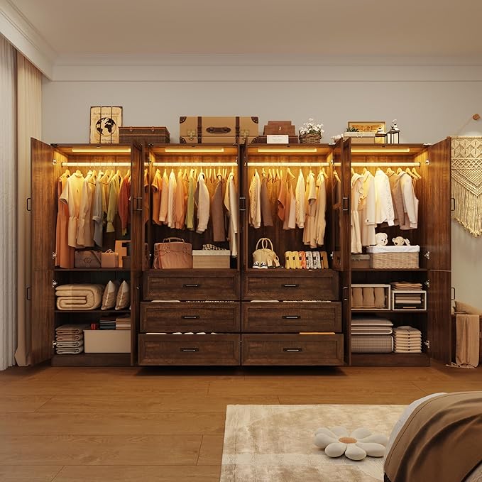 Hlivelood 75" Tall Farmhouse 8 Doors Armoire Wardrobe Closet with 6 Drawers and LED,Freestanding Closet Wardrobe Cabinet for Bedroom with Hanging Rod,Wooden Armoire Storage Cabinet(Brown 8 Doors)