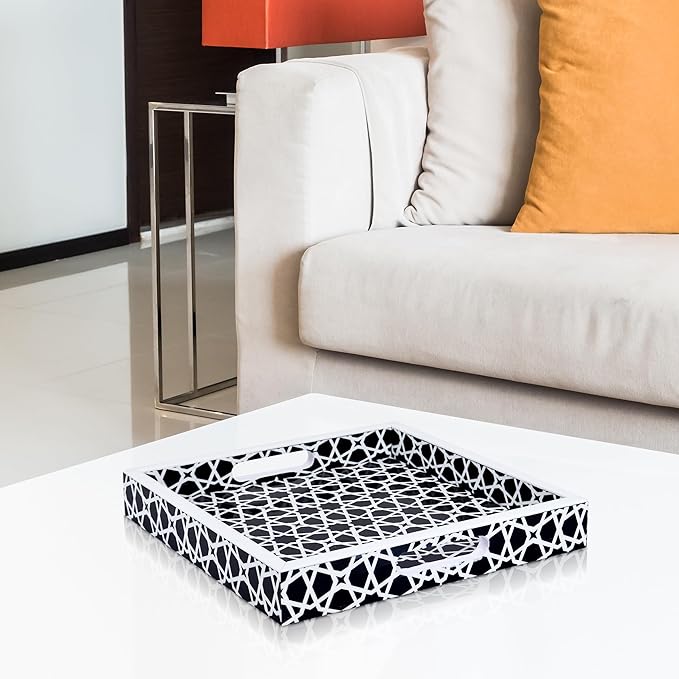 Handicrafts Home 12x12 Ottoman Tray with Handles, Black White Zellij Pattern Decorative Tray, Wood & Resin Inlay Square Coffee Table Serving Tray for Centerpiece, Vanity, Boho Modern Home Decor