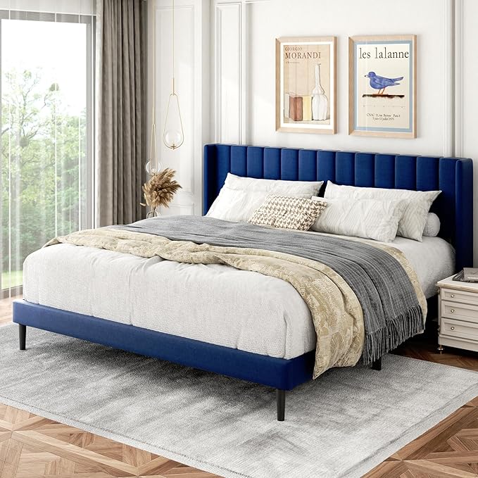 Gruwans King Size Bed Frame with Upholstered Wingback Headboard, Easy Assemnly Platform Bed, Wooden Slat Support No Box Spring Needed, Navy Blue