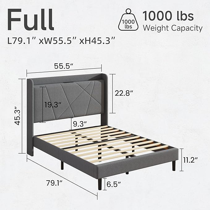 Full Size Linen Bed Frame, Storage Headboard with Charging Station, Upholstered Platform Bed with Wooden Slats Support, Solid and Stable, Noise Free, No Box Spring Needed, Easy Assembly, Gray