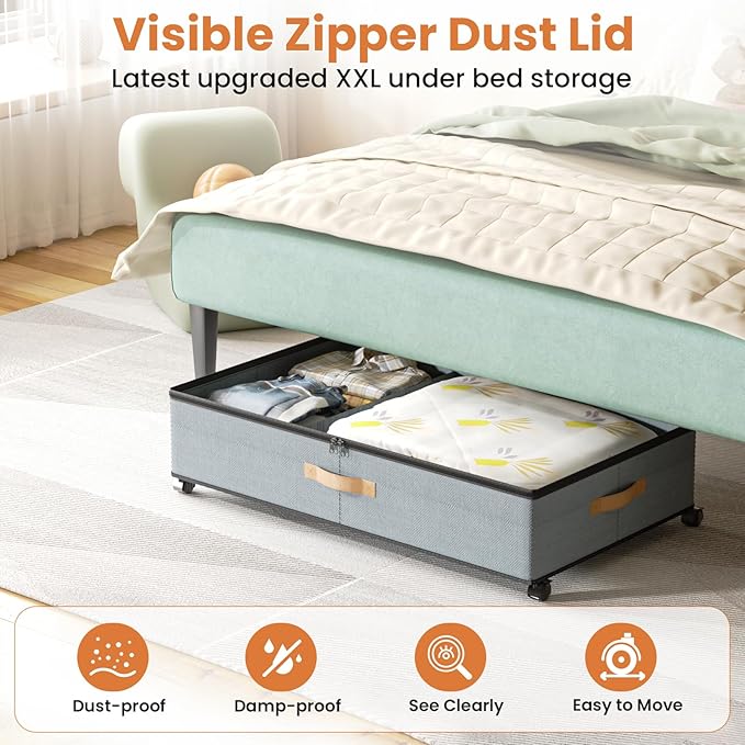 Storage Box,Under Bed Storage with Wheels 72L XXL Under the Bed Storage Containers Large, 10‘’ Tall Adjustable Storage for Underbed with Lids, Rolling for Shoes, Clothes, Blankets, Grey