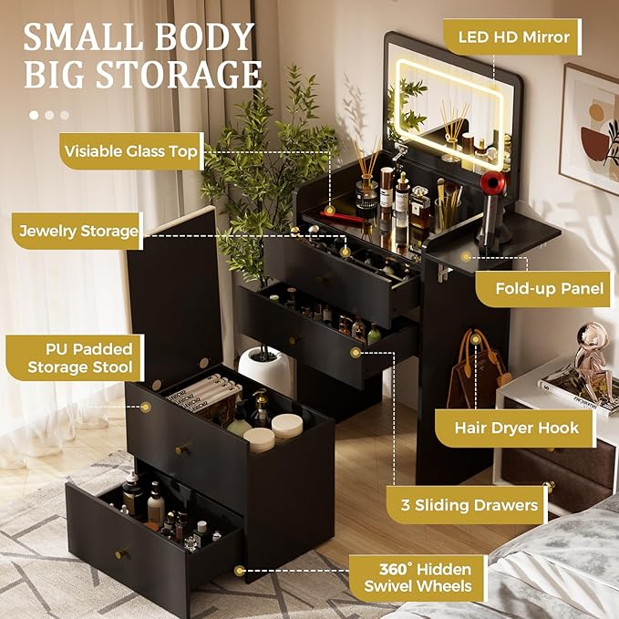 COMHOMA Makeup Vanity Desk with Mirror and Lights, Small 3 in 1 Vanity Table with Visible Glass Top, Flip Top & 3 Drawers, Compact Dresser with Storage Stool for Bedroom, Office or Nightstand