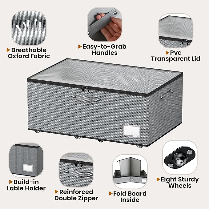 Dayacoco Under Bed Storage With Wheels,10 Inches Under Bed Storage Containers,65L Large Capacity,No Assembly Required Rolling Under Bed Storage for Clothes,Blankets,Shoes,Grey