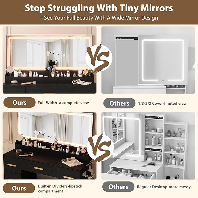Garvee Vanity Desk with Large Mirror and Lights, 45.9 in Makeup Vanity Desk, 3 Lighting Modes Adjustable Brightness, Vanity Table with Power Outlet & 8 Drawers, for Powder Room and Bedroom